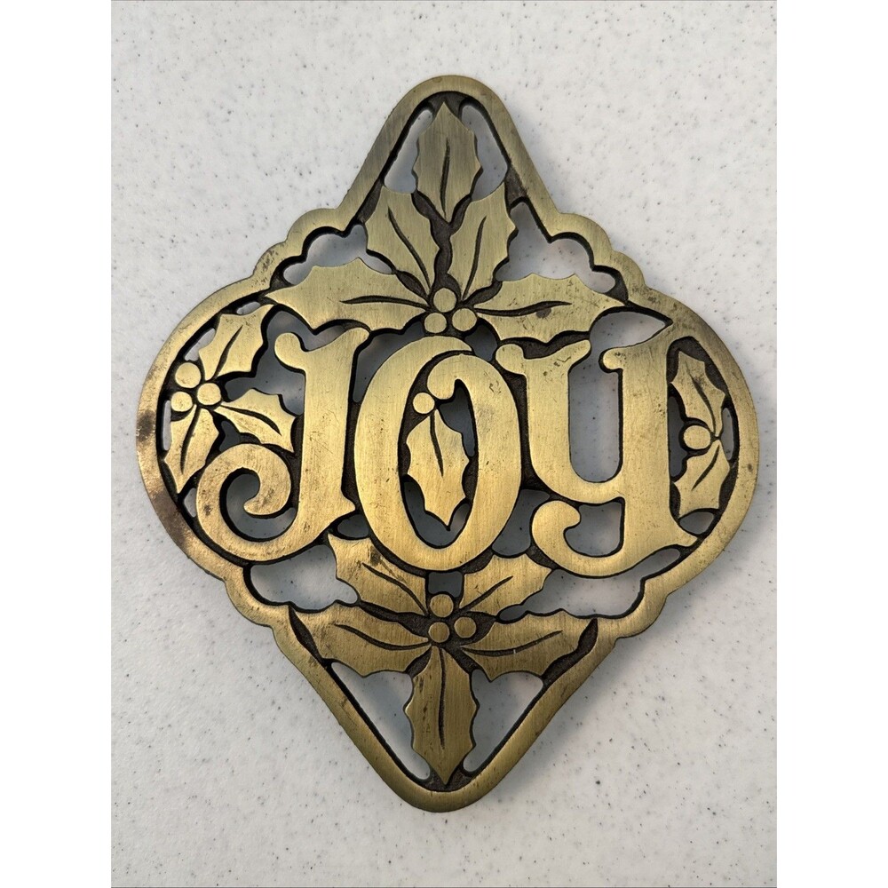 Vtg Cast Brass Footed Wall Hanging Decoration Trivet Christmas JOY Holly 8" x 7"